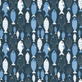 Cute vector seamless pattern with hand drawn fishes in blue tones. childish background for printing on fabric Royalty Free Stock Photo